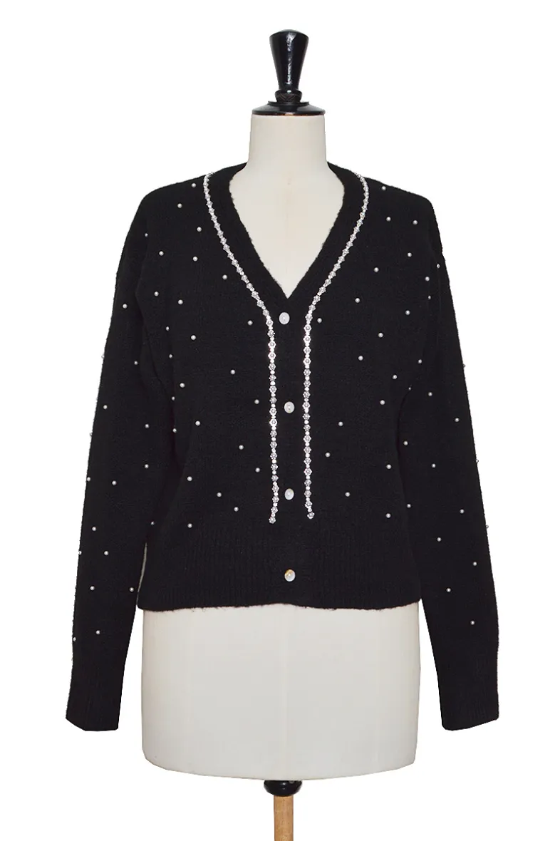 Feinstrick-Cardigan mit Perlen und Einfassung aus Perlen und Diamanten